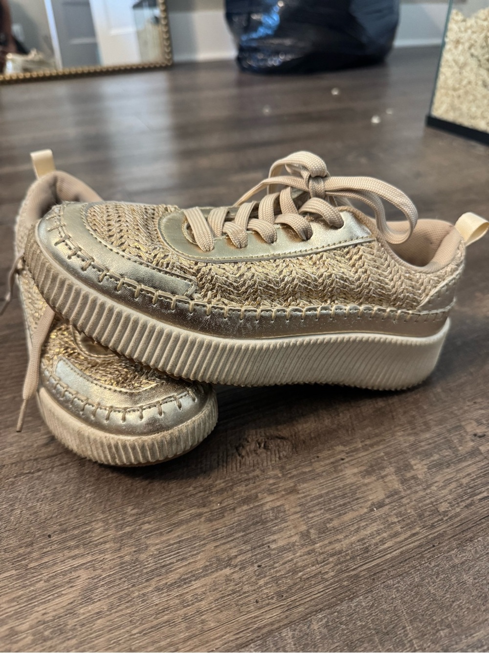 Metallic Gold Platform Sneakers - Casual Lace-Up Shoes